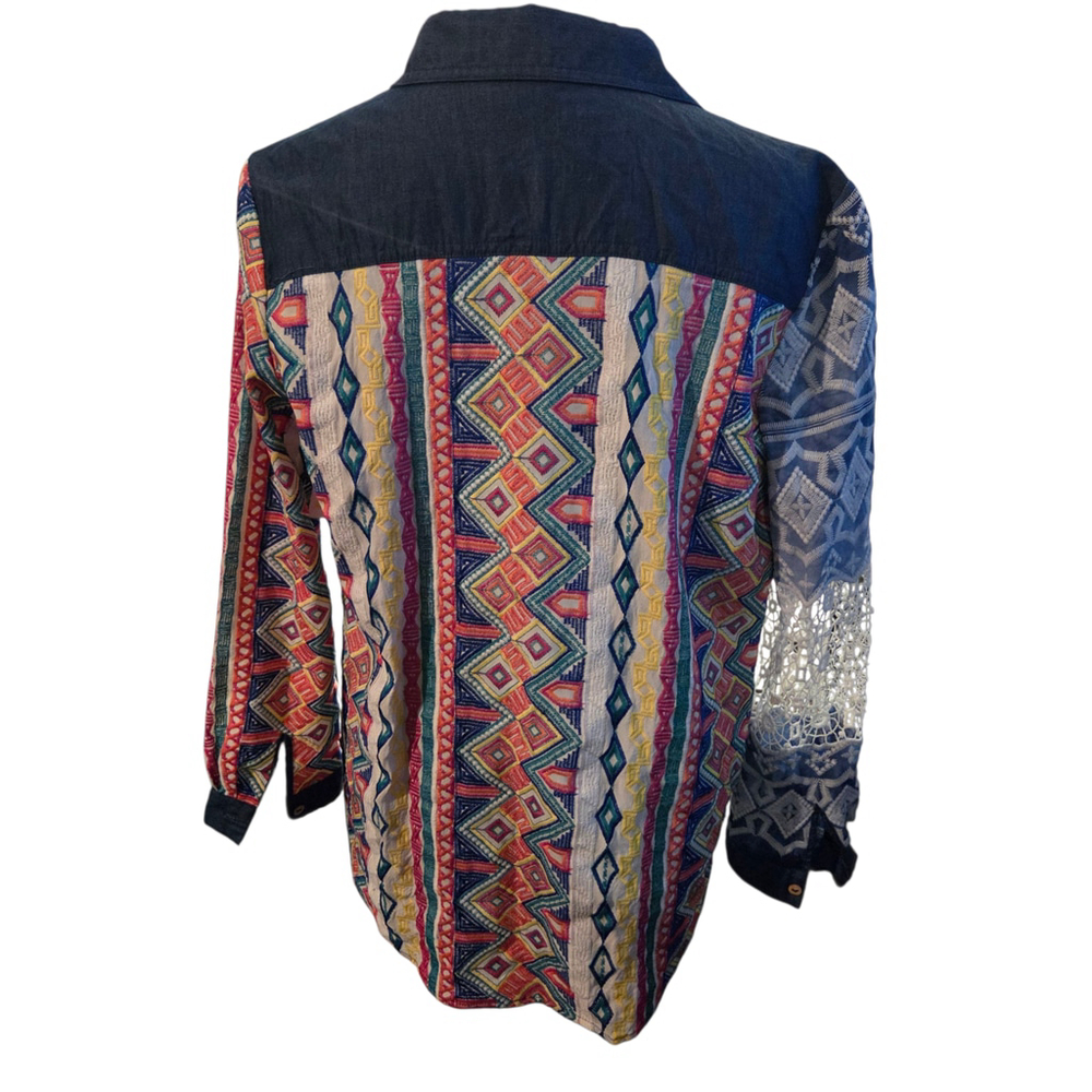 John Mark Embroidered Lace Patchwork Button-Down … - image 3